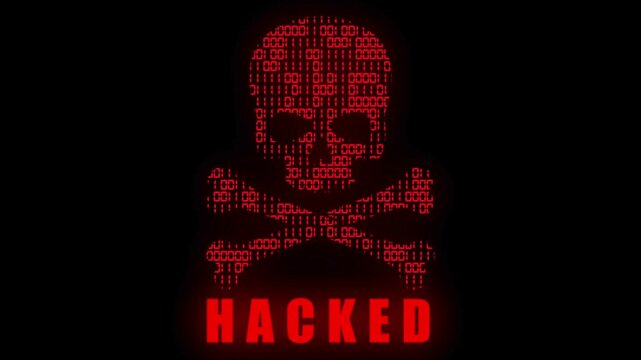 Glowing red hacker silhouette made of binary code with hacked text on black