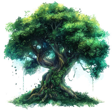 Koa Tree watercolor painting, semi-realistic fantasy artwork, realistic details with magical touch, white background