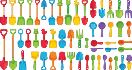 Colorful plastic beach shovels and sandbox toys vector illustration icon set isolated on white background © Akramul