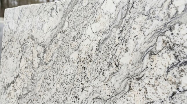 Polished white granite slab with elegant grey and black veining, ideal for luxury kitchen countertops, bathroom vanities, modern home interior design, and premium natural stone surface backgrounds.