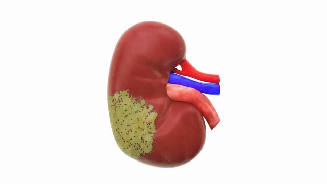 Human kidney with blood vessels and ureter on white background