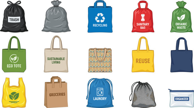 Reusable eco tote bags, paper grocery sacks and waste garbage bags vector illustration icon collection
