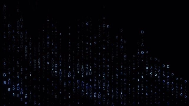 Abstract digital matrix code background with falling blue letters and numbers.