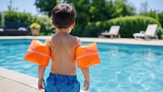 A Young Child Wearing Bright Orange Floaties Stands at the Edge of a Refreshing Pool, Ready to Dive into a Summer Day of Fun and Adventure