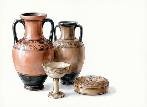 watercolor-style illustration, a group of ancient greek pottery on white