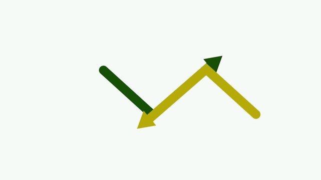 Financial market trend analysis: animated green and gold arrows showing upward and downward growth and volatility 4k video.