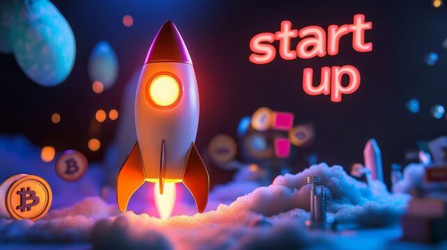 Futuristic neon space, Bright rocket ascends past pastel celestial bodies, Imaginative depiction of startup rocket lifting off amid cosmic neon lights and digital assets