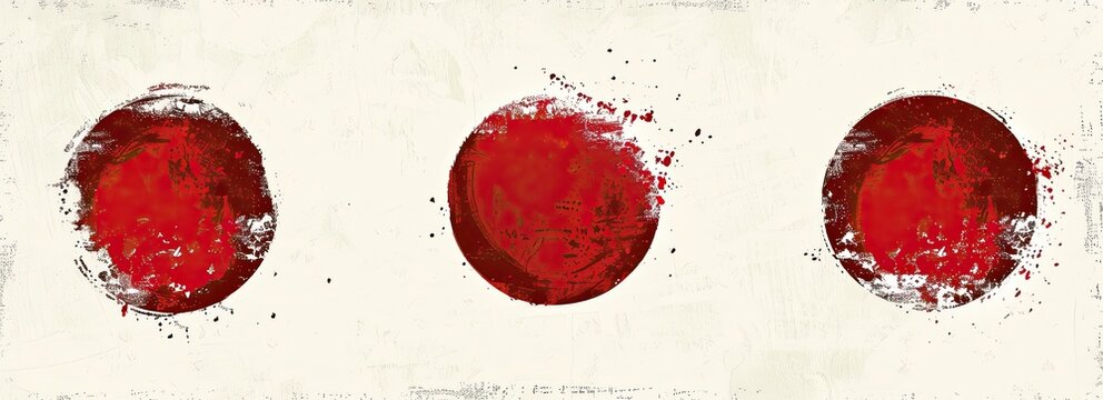 Three vibrant, circular red splashes are arranged across a light, textured off-white backdrop