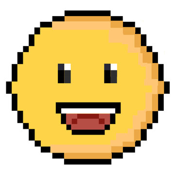 retro 8-bit pixel art emoji smile with a laughing mouth