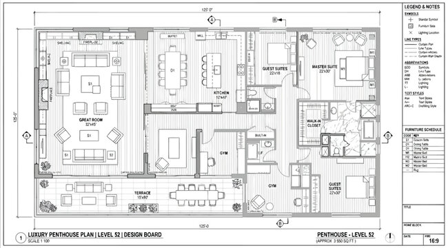 Luxury penthouse floor plan level 62 with furniture schedule and architectural notes