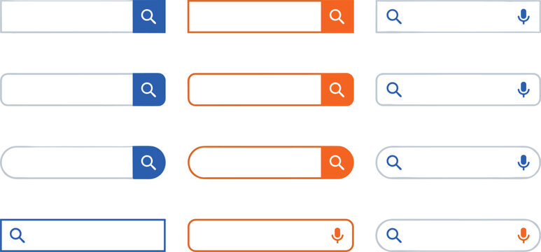 Search bar interface elements collection featuring web browser input fields magnifying glass icons and voice search microphone button templates
