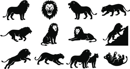 Wild Lion Silhouette Vector Collection in Various Poses. © Fazla Rabbi