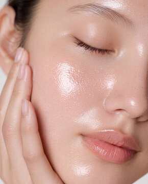 Macro close up of female face with glowing dewy skin, hydrating skincare serum effect, wet glass skin complexion concept for cosmetic beauty advertising