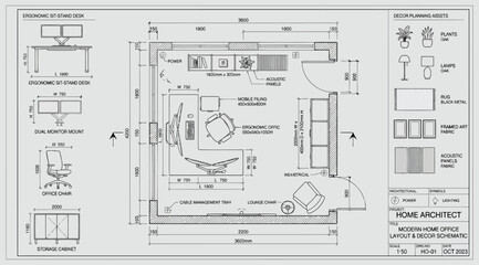 Modern home office interior design schematic with furniture details and room layout plan © S.Siam