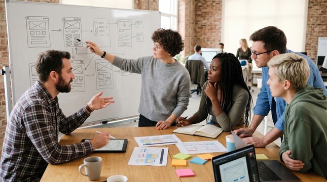 Diverse business professionals collaborating in a modern office, actively discussing project strategy, brainstorming ideas, and analyzing flowcharts on a whiteboard during an intensive team