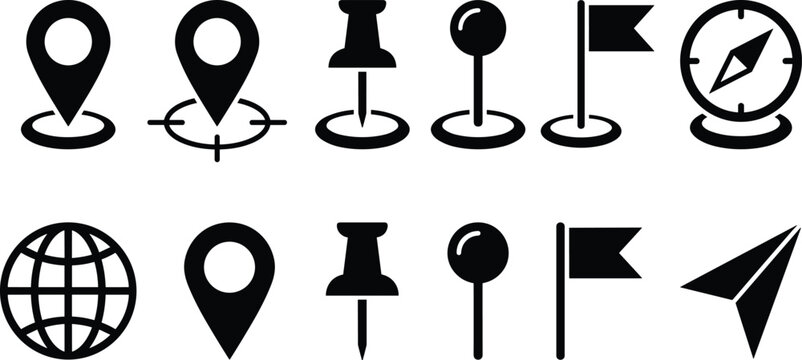 Map pin and navigation glyph icon set featuring location marker pushpin flag compass globe and directional arrow silhouette symbols