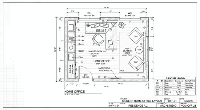 Architectural floor plan of a modern home office layout with furniture dimensions and interior design specifications
