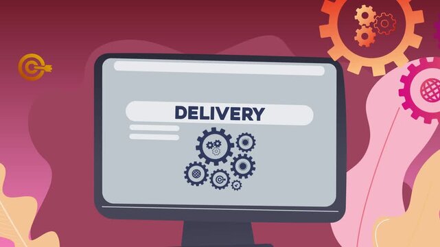 A computer screen displaying the text &ldquo;Delivery&rdquo; and illustrations of gears