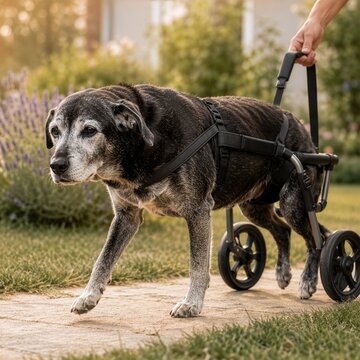 Senior disabled dog using wheelchair cart assisted by owner in garden at golden hour, pet rehabilitation and care concept
