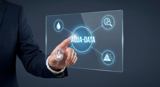 Aqua data concept businessman touching screen with water drop and research icons connecting to central digital analysis.
