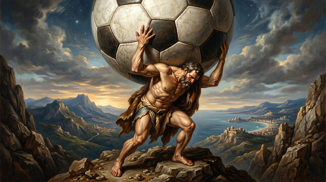 Conceptual classical fine art oil painting portrayal of an ancient mythical titan Atlas sculpting