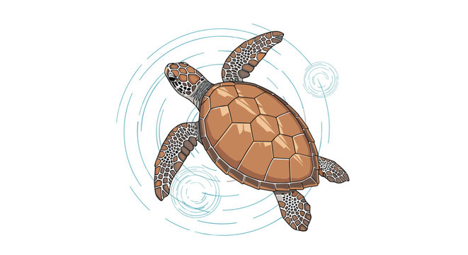 Sea turtle swims through clear water creating ripples on the surface in a detailed top down vector art illustration.