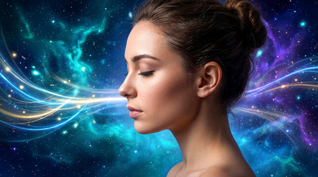 Young caucasian female in cosmic dreamscape with vibrant cosmic waves