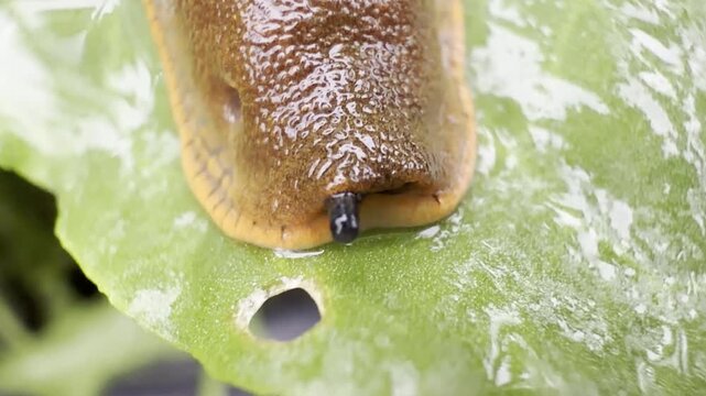 Close-up of a slug on a green leaf