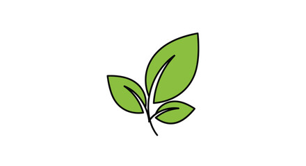 Fototapeta premium Three bright green leaves on a small branch are depicted in a simple clean vector icon style with black outlines.