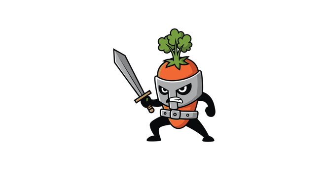Cute cartoon carrot character dressed as a brave knight wearing a metal helmet and holding a silver sword in a heroic battle pose for kids.