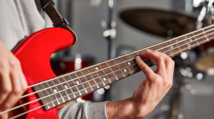 Obraz premium Close-up of male musician playing red electric bass guitar in studio