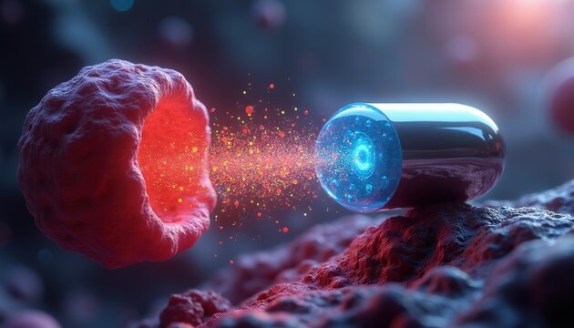 Nanobot capsule releases microparticles into red blood cell for targeted therapy. Medical innovation shows drug delivery science at cellular level. Future medicine breakthrough. Research, health.