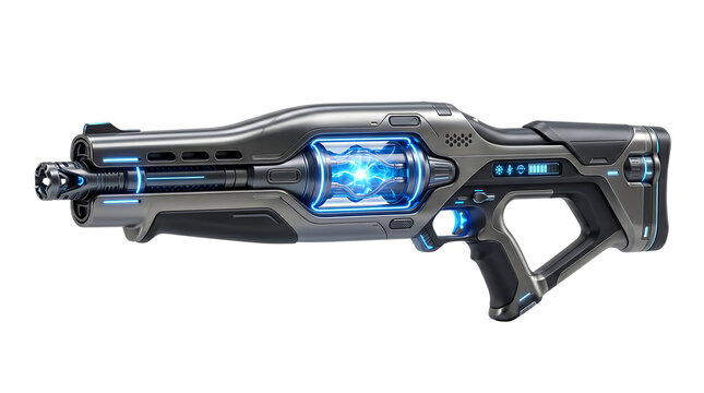 A futuristic science fiction energy weapon with glowing blue elements and a sleek, modern design, isolated on a white background.