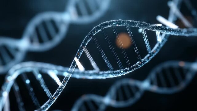 High resolution 3D illustration of DNA strands illuminated by dynamic light effects, representing advanced genomics. Perfect for themes of molecular biology, research, and medical technology