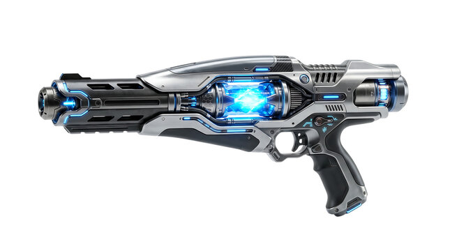 Sleek futuristic energy weapon with a vibrant blue glowing core and metallic design.