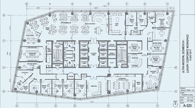 Architectural floor plan of a modern office building level with workstations and meeting rooms