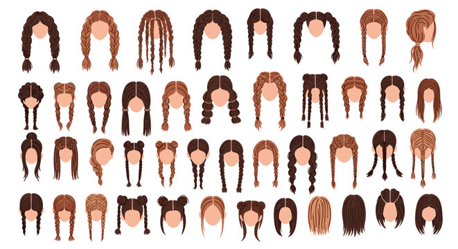 Large collection of various female hairstyles and braids in different shades of brown and blonde shown as head silhouettes for salon.