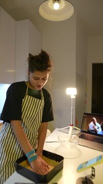 Modern woman shows how to make crust during live stream