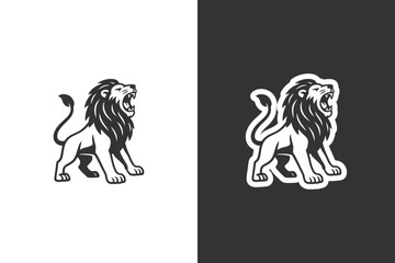 A powerful lion with a full mane roars, depicted in a striking silhouette style © DzgnVibe