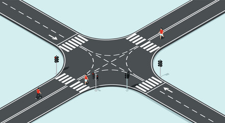 Naklejka premium Isometric view of a road intersection with pedestrians crossing the street on zebra stripes and traffic lights on corners for city.