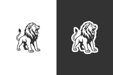 A powerful lion with a full mane roars with its mouth open, depicted in a striking silhouette © DzgnVibe