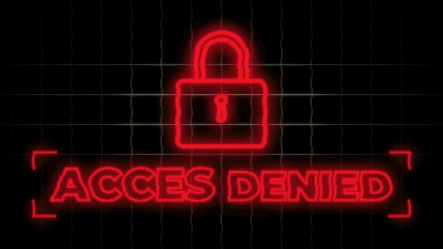 Neon red access denied sign with padlock on black background