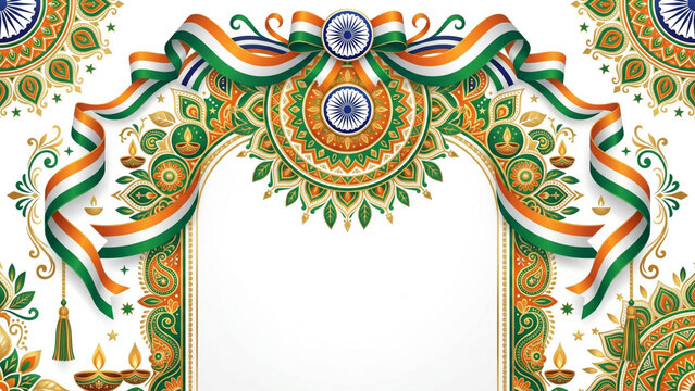 Decorative indian flag ribbon frame featuring intricate mandala art patterns and traditional oil lamps for festive independence day celebration designs
