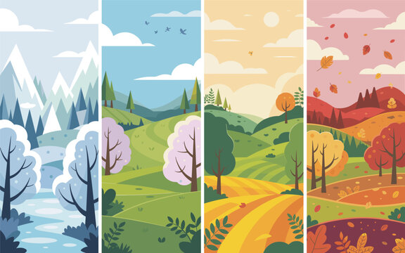 Seasonal landscape with mountains trees and road through four seasons