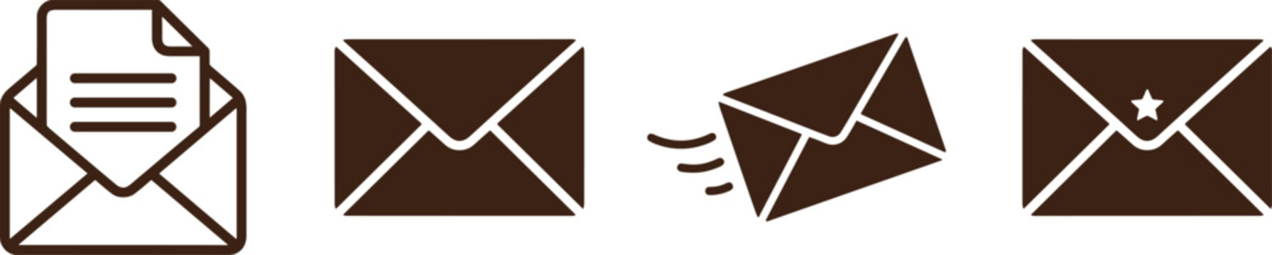Email and envelope icon set featuring open mail document closed letter sending message and starred priority communication vector symbols