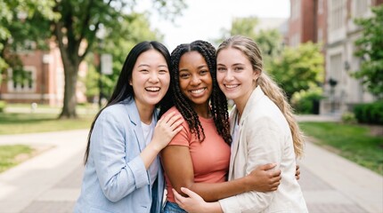 Naklejka premium diverse young women friends smiling and hugging outdoors on a sunny day