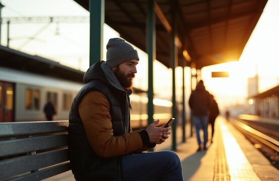 Man with beard and beanie sits on station bench, uses phone. Train waits on tracks. People walk on platform during sunset. Commute or travel, waiting for transport.