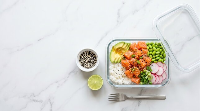 healthy salmon poke bowl with avocado and edamame on marble kitchen counter