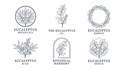 Minimalist eucalyptus leaf logo set for natural branding © Wagi