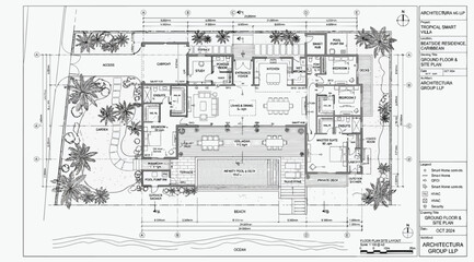 Fototapeta premium Architectural floor plan of a luxury beach villa with swimming pool and landscaped garden
